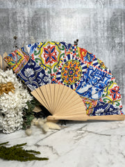 Mediterranean Print Bamboo Fan