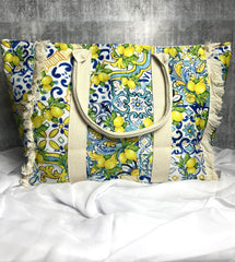 Majolica Lemon Tile Print Beach Bag | Italian Oversized Bag