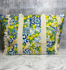 Majolica Lemon Tile Print Beach Bag | Italian Oversized Bag